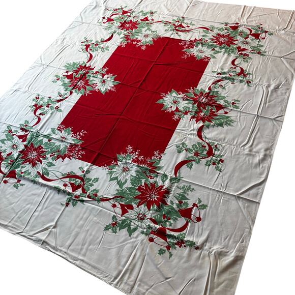 Vintage mid century Christmas tablecloth cotton print rectangle red white FLAWS - Picture 7 of 10